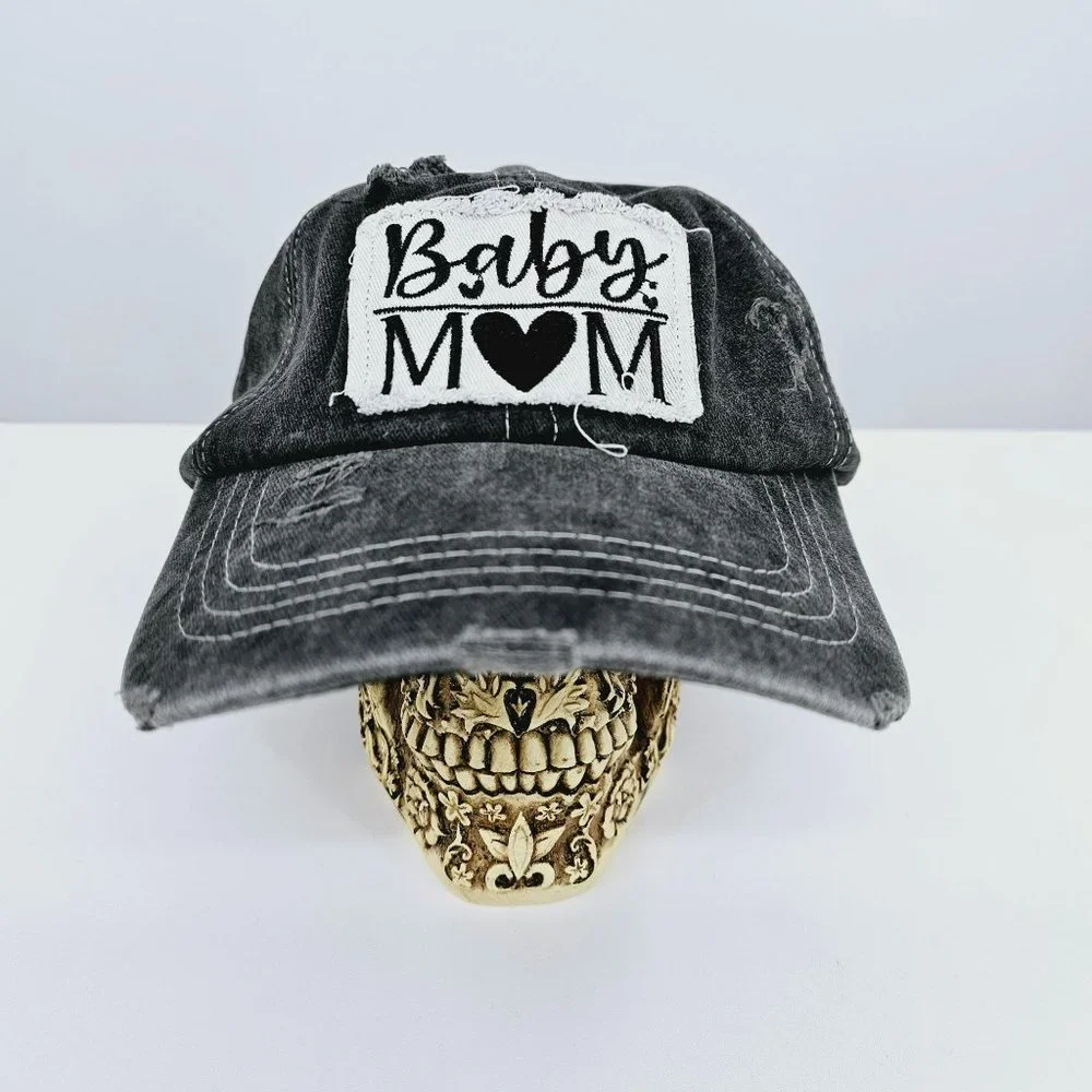 Baby Mom Baseball Hat Cap Grey White Embroidered Patch Distressed Adjustable New